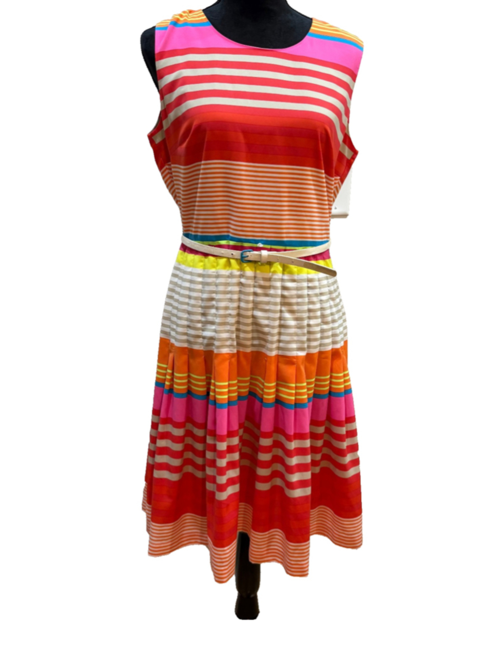 Multi Color Striped Sleeveless Pleated Midi Dress with Belted Waist Summer